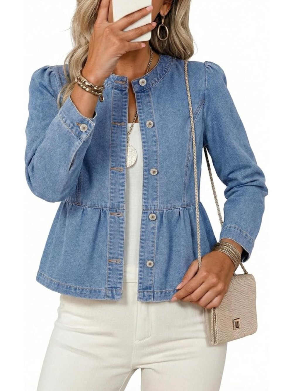 Women's Ashleigh Blue Long Sleeve Button Down Cropped Waist Denim Jeans Jacket